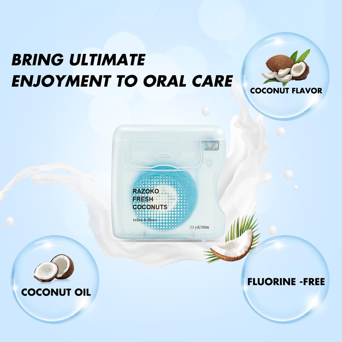 RAZOKO Coconut Oil Infused Woven Dental Floss – Vegan, Cruelty-Free, Coconut Scent, 33 Yds (2-Month Supply)