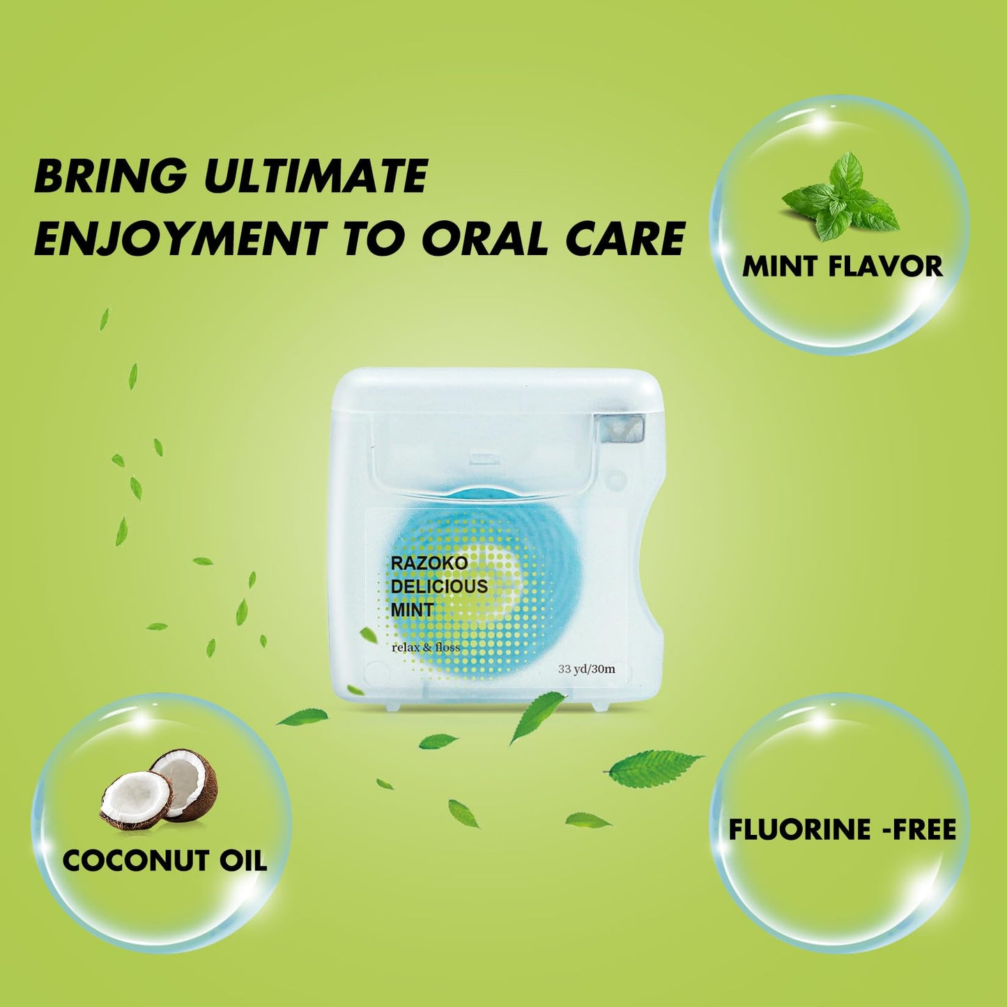 RAZOKO Coconut Oil Infused Woven Dental Floss – Vegan, Cruelty-Free, Mint (33 Yds x 1)