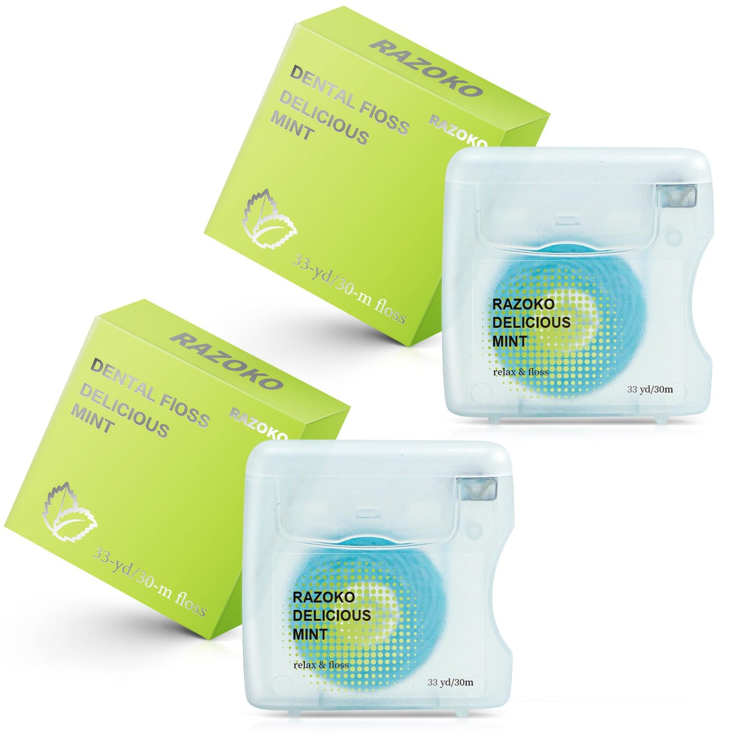 RAZOKO Coconut Oil Infused Woven Dental Floss – Vegan, Cruelty-Free, Mint, 33 Yds x 2 Units (4-Month Supply)