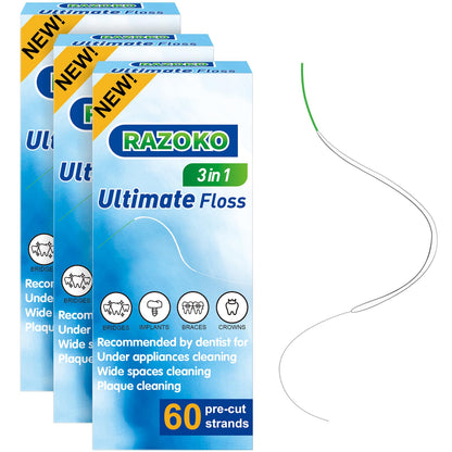 RAZOKO Dental Floss for Braces | 3-in-1 Ultimate Pre-Cut Strands, 60 Count (Pack of 3)