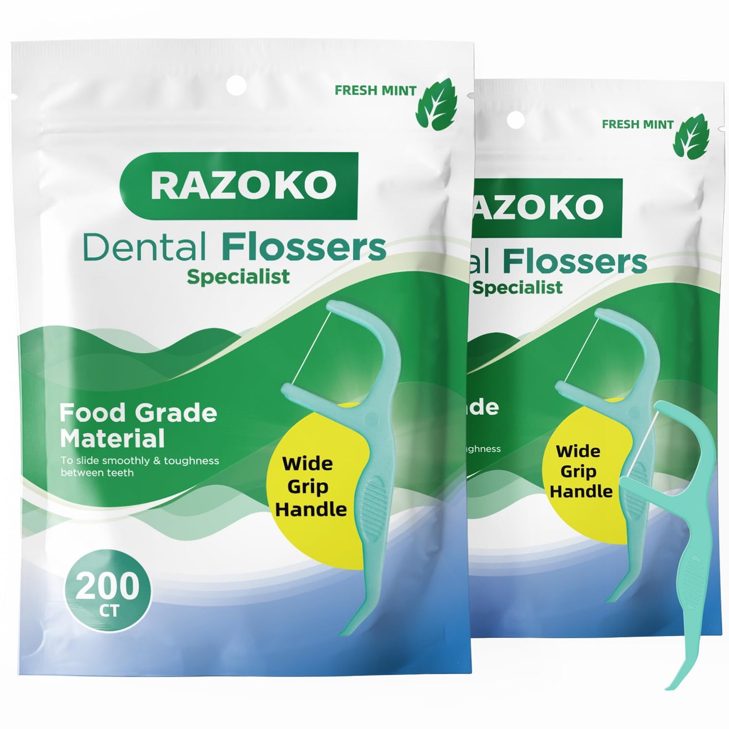 RAZOKO Dental Floss Picks – Mint Flavor, Shred-Resistant, Easy Grip (400 Count Pack of 2)