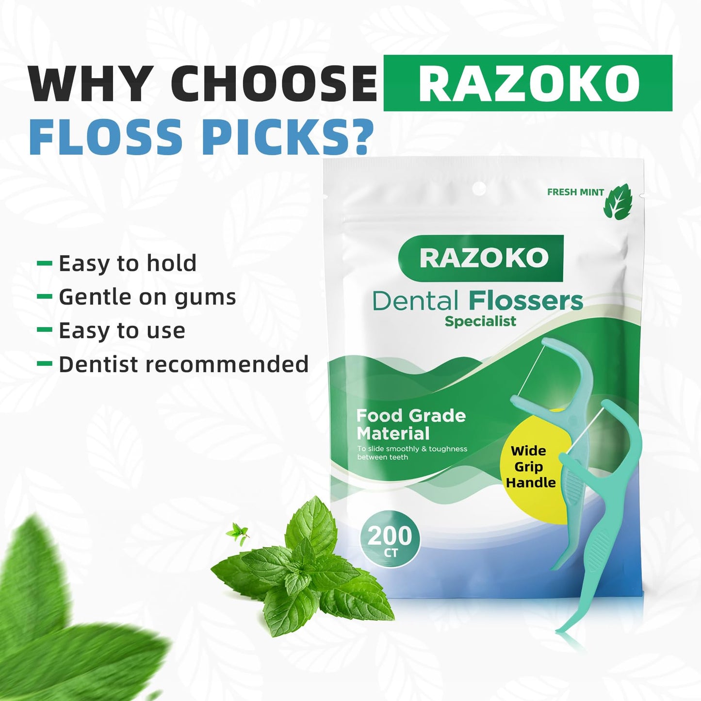 RAZOKO Dental Floss Picks – Mint Flavor, Shred-Resistant, Easy Grip (400 Count Pack of 2)