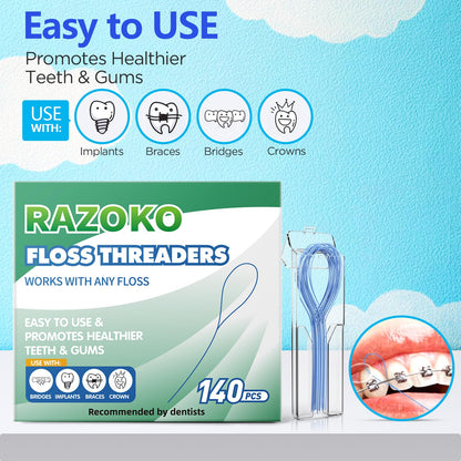RAZOKO Floss Threaders 140PCS (Pack of 2) for Braces & Implants