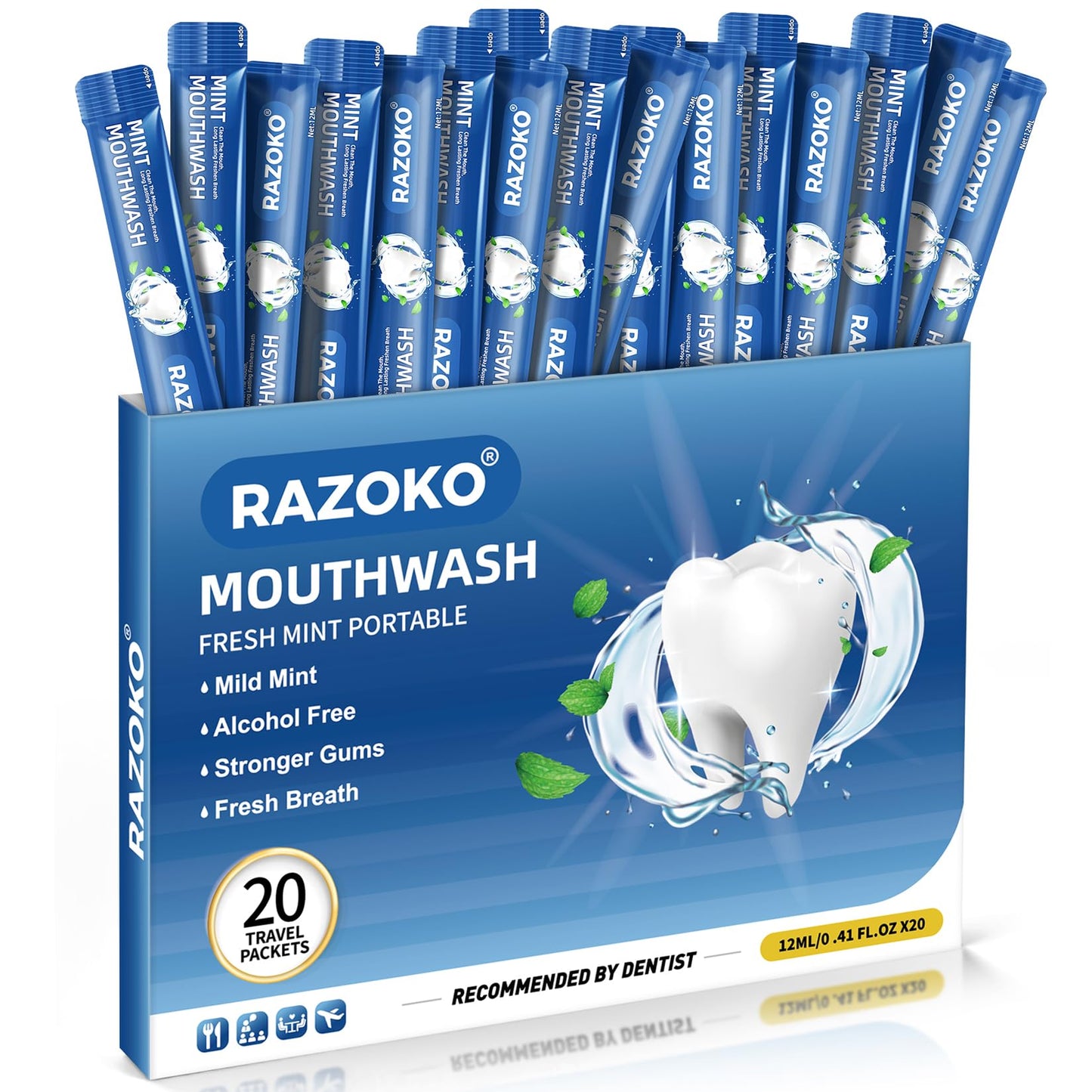 RAZOKO Mouthwash Travel Size Strips – Alcohol & Fluoride Free, Portable Fresh Mint