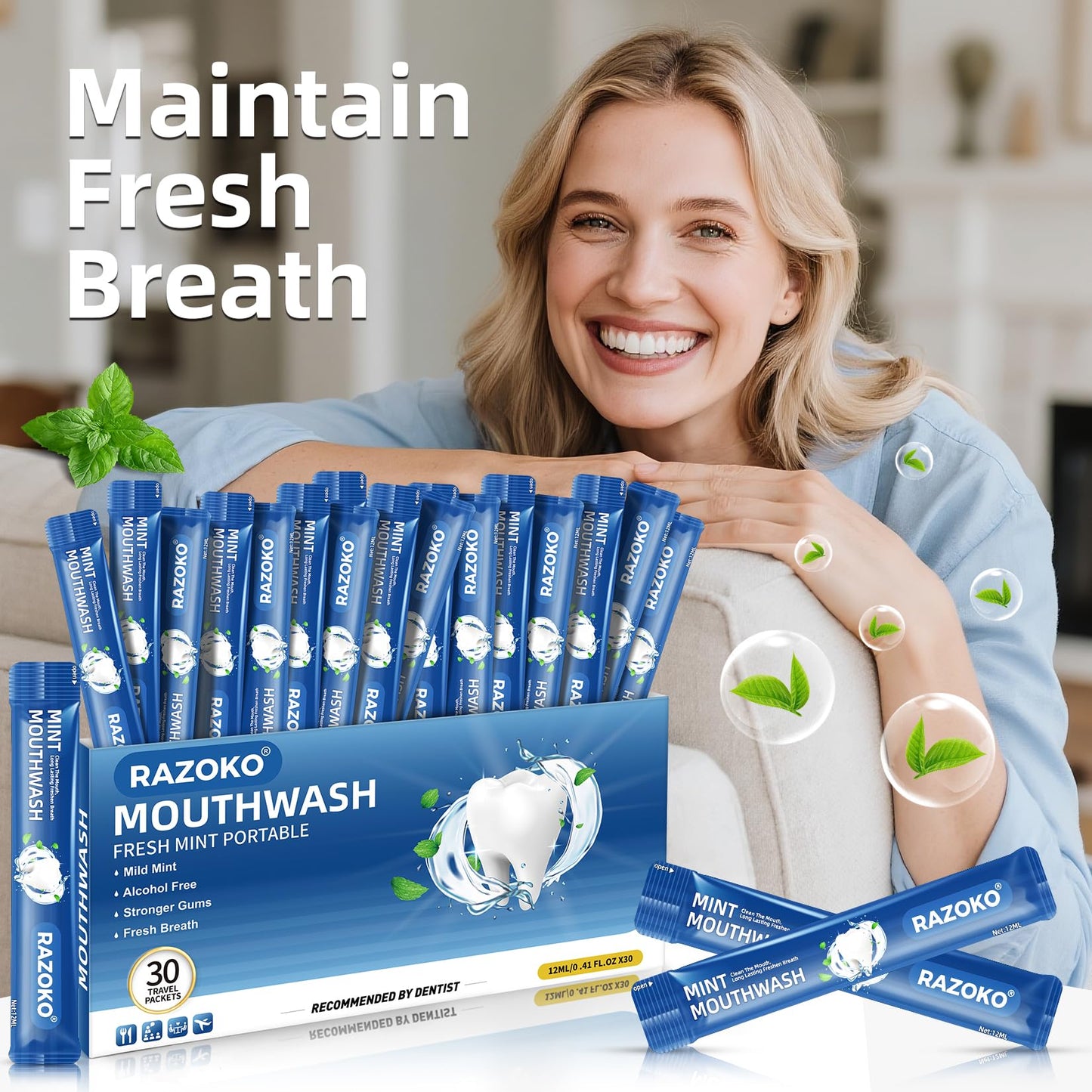 RAZOKO Travel Mouthwash Packets – Alcohol & Fluoride Free, Fresh Mint