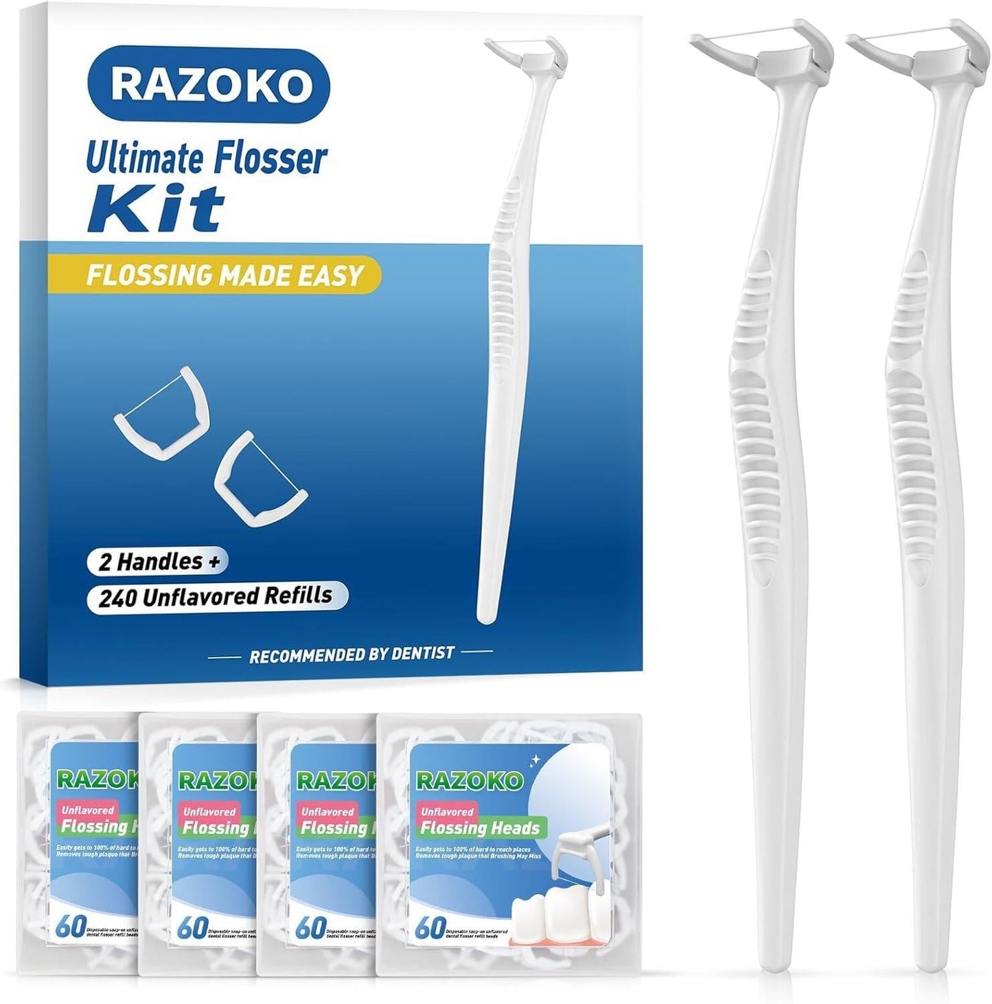 RAZOKO Ultimate Flosser Kit – 2 Handles & 240 Extra Strength Refills