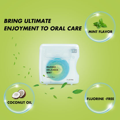 RAZOKO Coconut Oil Infused Woven Dental Floss – Vegan, Cruelty-Free, Mint, 33 Yds x 2 Units (4-Month Supply)