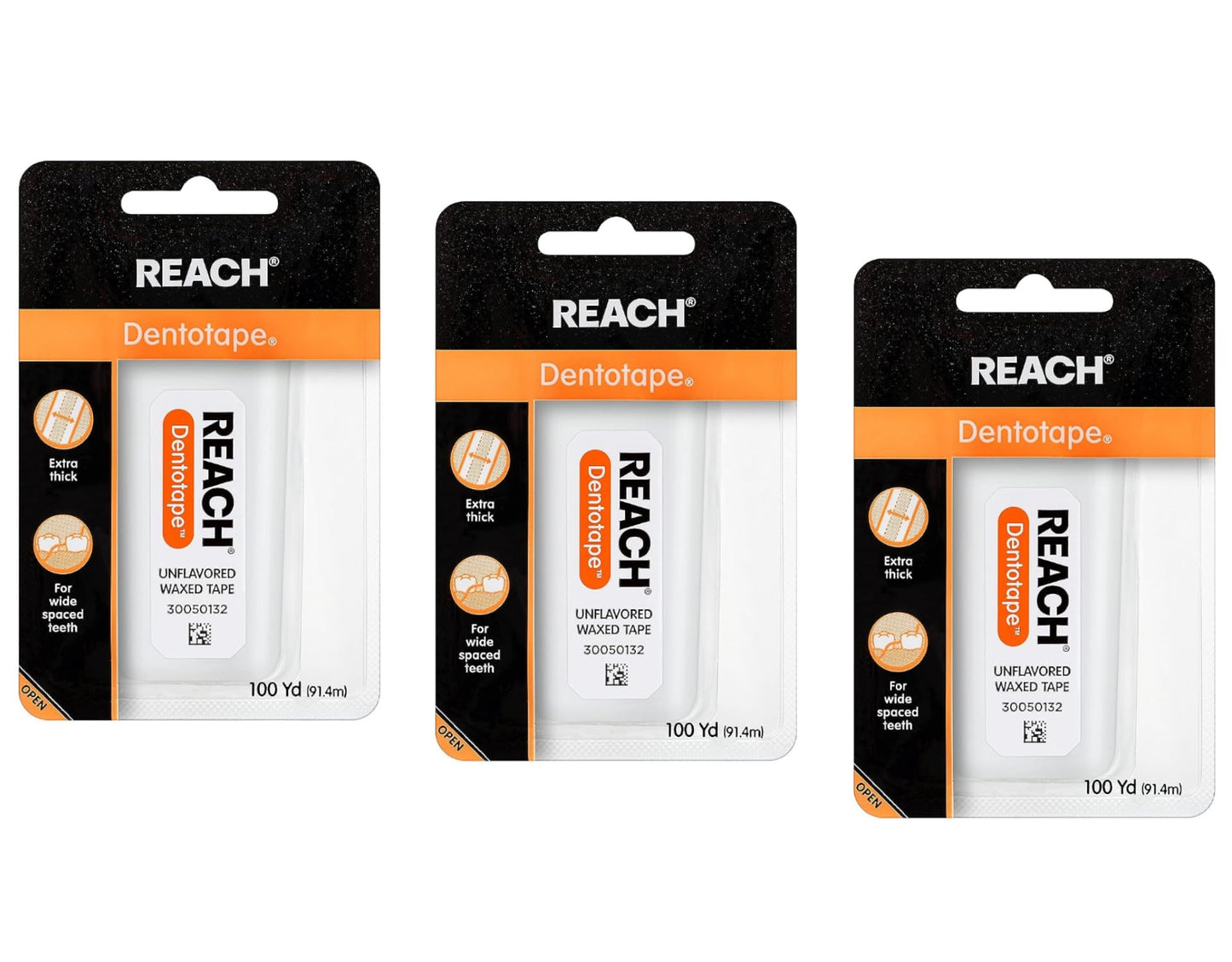 Reach Dentotape Waxed Dental Floss – Extra-Wide Cleaning Surface for Large Spaces Between Teeth (Unflavored, 100 Yards, 3-Pack)
