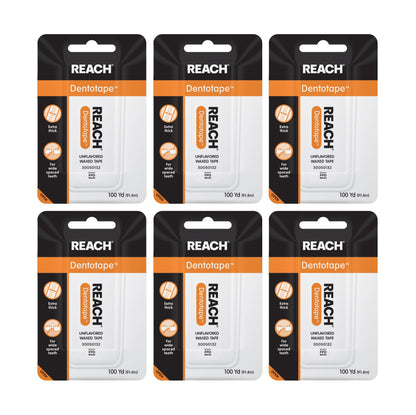 REACH Dentotape Waxed Dental Floss Tape – Extra-Wide, PFAS-Free, 100 yd (6 Pack)