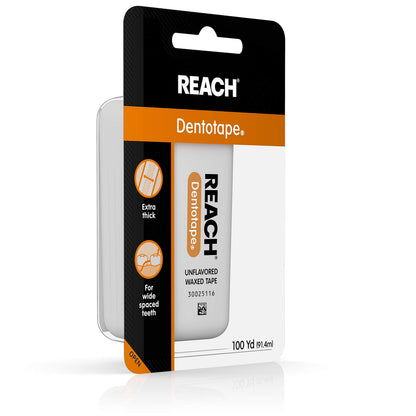REACH Dentotape Waxed Tape, Unflavored – 100 Yards (Pack of 10)