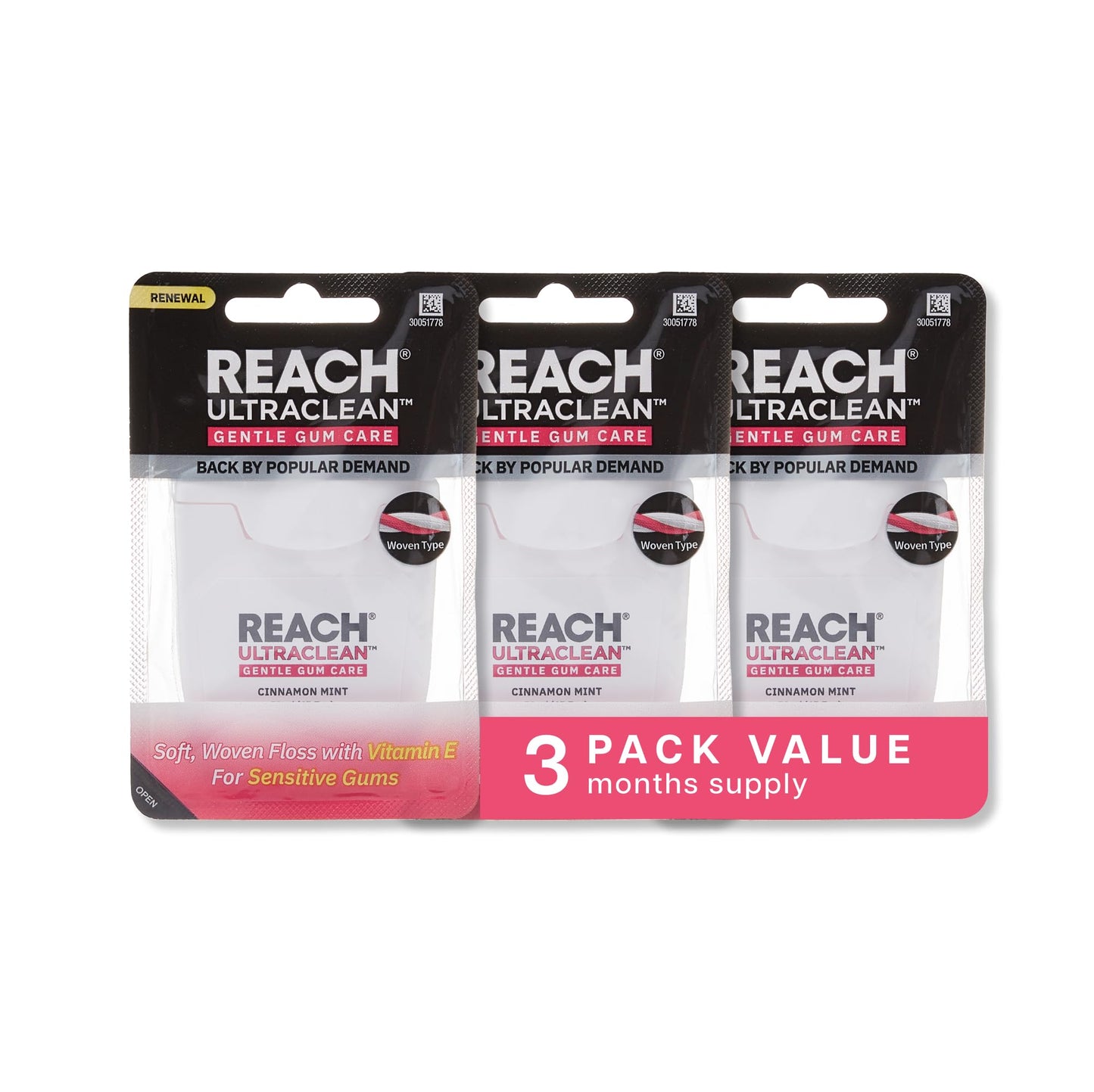REACH ULTRACLEAN Gentle Gum Care Expanding Floss – PFAS-Free, Cinnamon Mint, 55YD (3-Pack)
