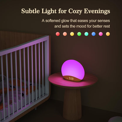 REACHER Wood Grain Sunrise Alarm Clock & Sound Machine | 26 Sleep Sounds, Dimmable Night Light, Wake-Up Light