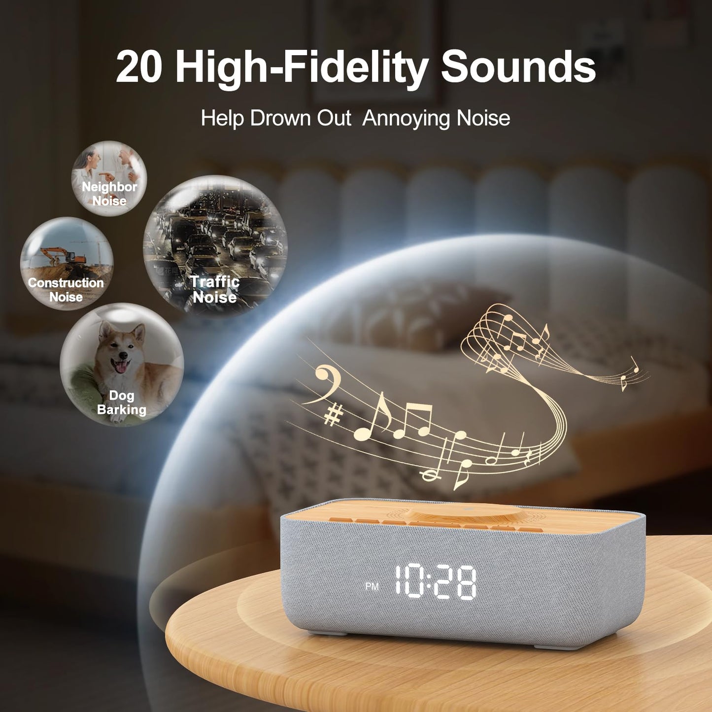 REACHER 15W Magnetic Wireless Charging Alarm Clock with White Noise Machine, Woodgrain — 20 High‑Fidelity Sounds, Gradual Wake, Snooze & Dimmable Display