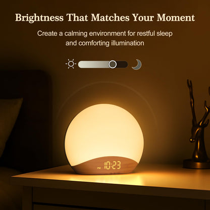 REACHER Wood Grain Sunrise Alarm Clock & Sound Machine | 26 Sleep Sounds, Dimmable Night Light, Wake-Up Light