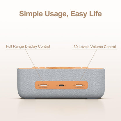 REACHER 15W Magnetic Wireless Charging Alarm Clock with White Noise Machine, Woodgrain — 20 High‑Fidelity Sounds, Gradual Wake, Snooze & Dimmable Display