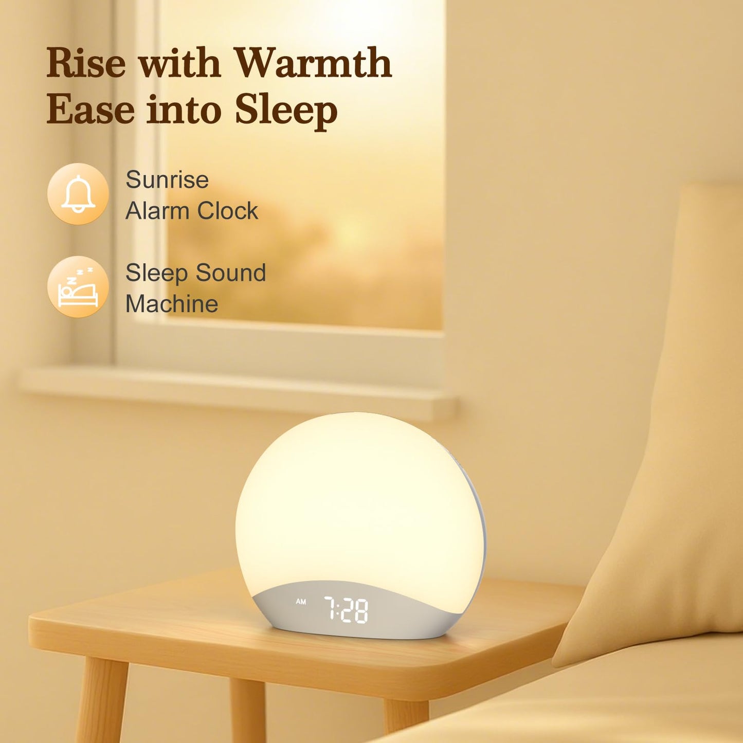 REACHER Sunrise Alarm Clock with Night Light — 26 Sleep Sounds, Dimmable Wake-Up Light