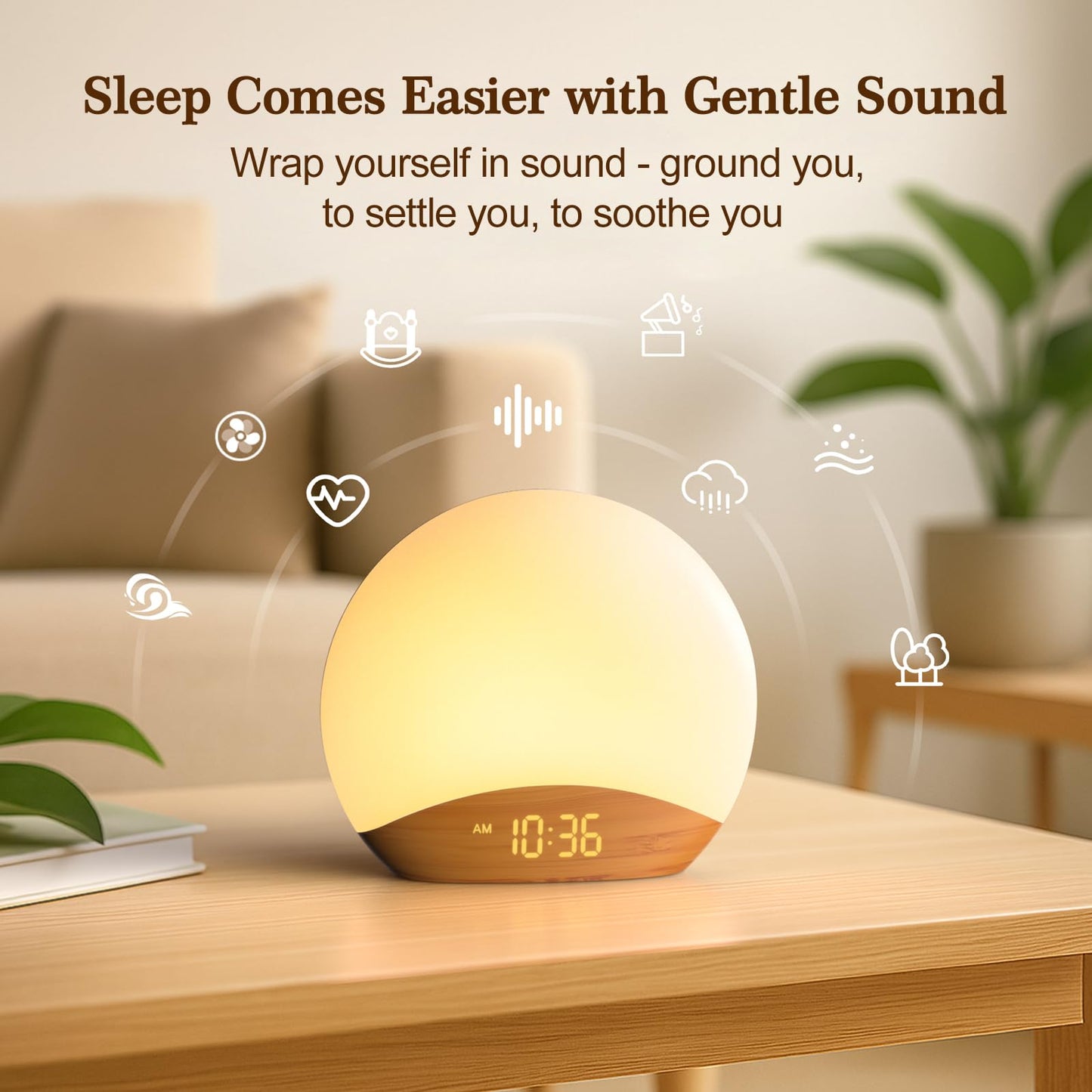 REACHER Wood Grain Sunrise Alarm Clock & Sound Machine | 26 Sleep Sounds, Dimmable Night Light, Wake-Up Light