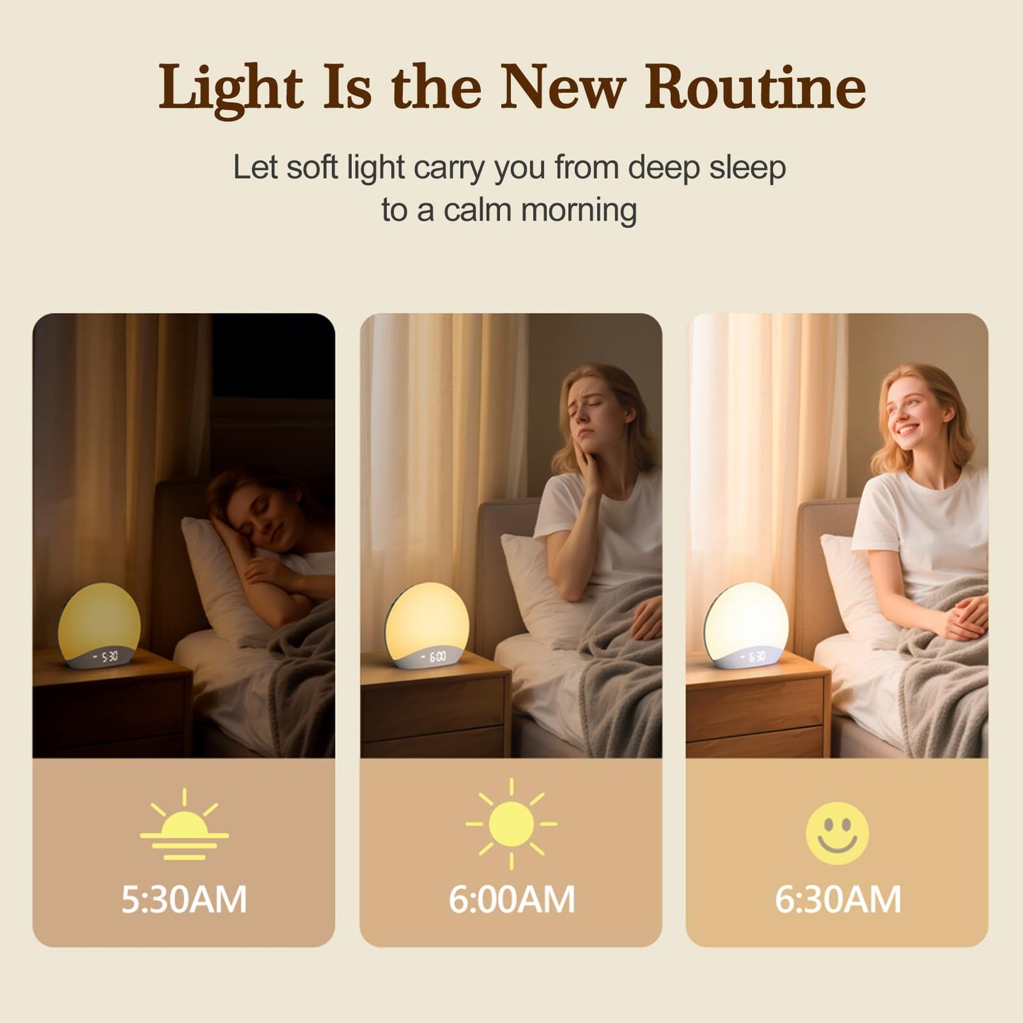 REACHER Sunrise Alarm Clock with Night Light — 26 Sleep Sounds, Dimmable Wake-Up Light