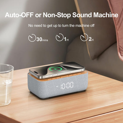 REACHER 15W Magnetic Wireless Charging Alarm Clock with White Noise Machine, Woodgrain — 20 High‑Fidelity Sounds, Gradual Wake, Snooze & Dimmable Display
