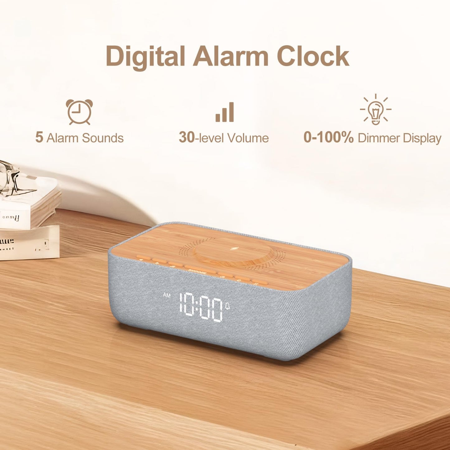 REACHER 15W Magnetic Wireless Charging Alarm Clock with White Noise Machine, Woodgrain — 20 High‑Fidelity Sounds, Gradual Wake, Snooze & Dimmable Display