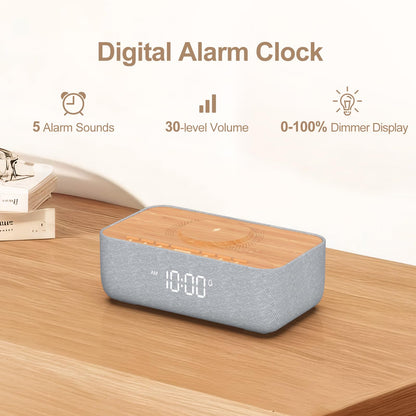 REACHER 15W Magnetic Wireless Charging Alarm Clock with White Noise Machine, Woodgrain — 20 High‑Fidelity Sounds, Gradual Wake, Snooze & Dimmable Display