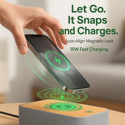 REACHER 15W Magnetic Wireless Charging Alarm Clock with White Noise Machine, Woodgrain — 20 High‑Fidelity Sounds, Gradual Wake, Snooze & Dimmable Display