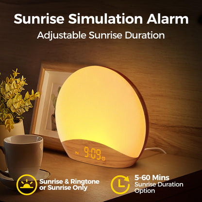 REACHER Wood Grain Sunrise Alarm Clock & Sound Machine | 26 Sleep Sounds, Dimmable Night Light, Wake-Up Light