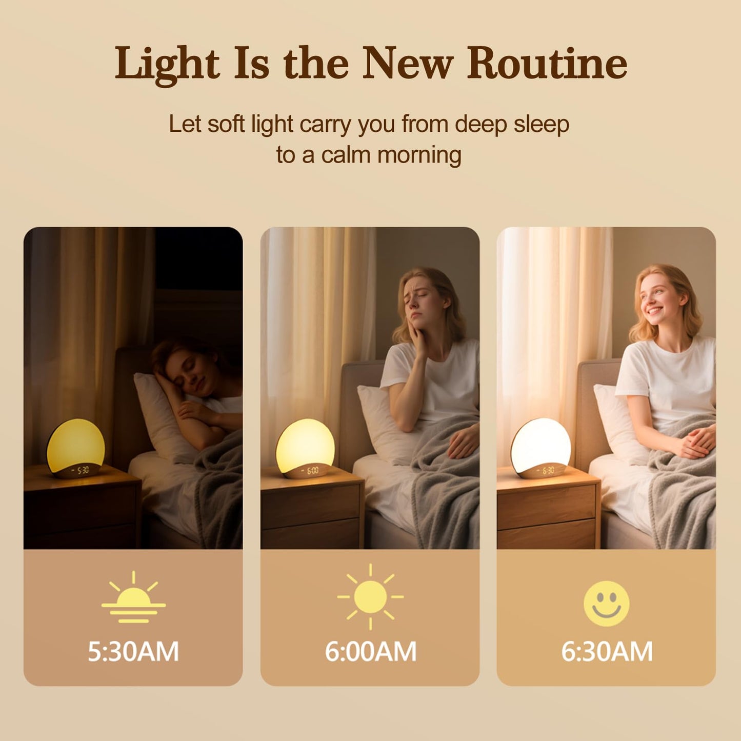 REACHER Wood Grain Sunrise Alarm Clock & Sound Machine | 26 Sleep Sounds, Dimmable Night Light, Wake-Up Light