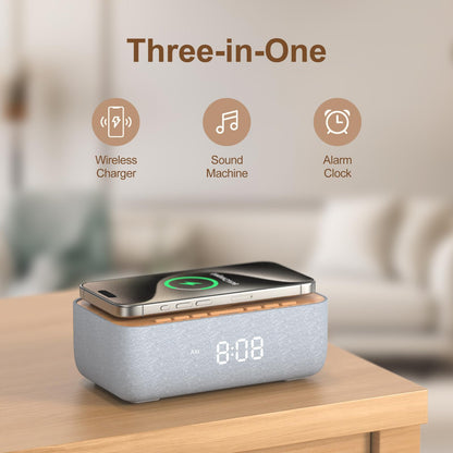REACHER 15W Magnetic Wireless Charging Alarm Clock with White Noise Machine, Woodgrain — 20 High‑Fidelity Sounds, Gradual Wake, Snooze & Dimmable Display