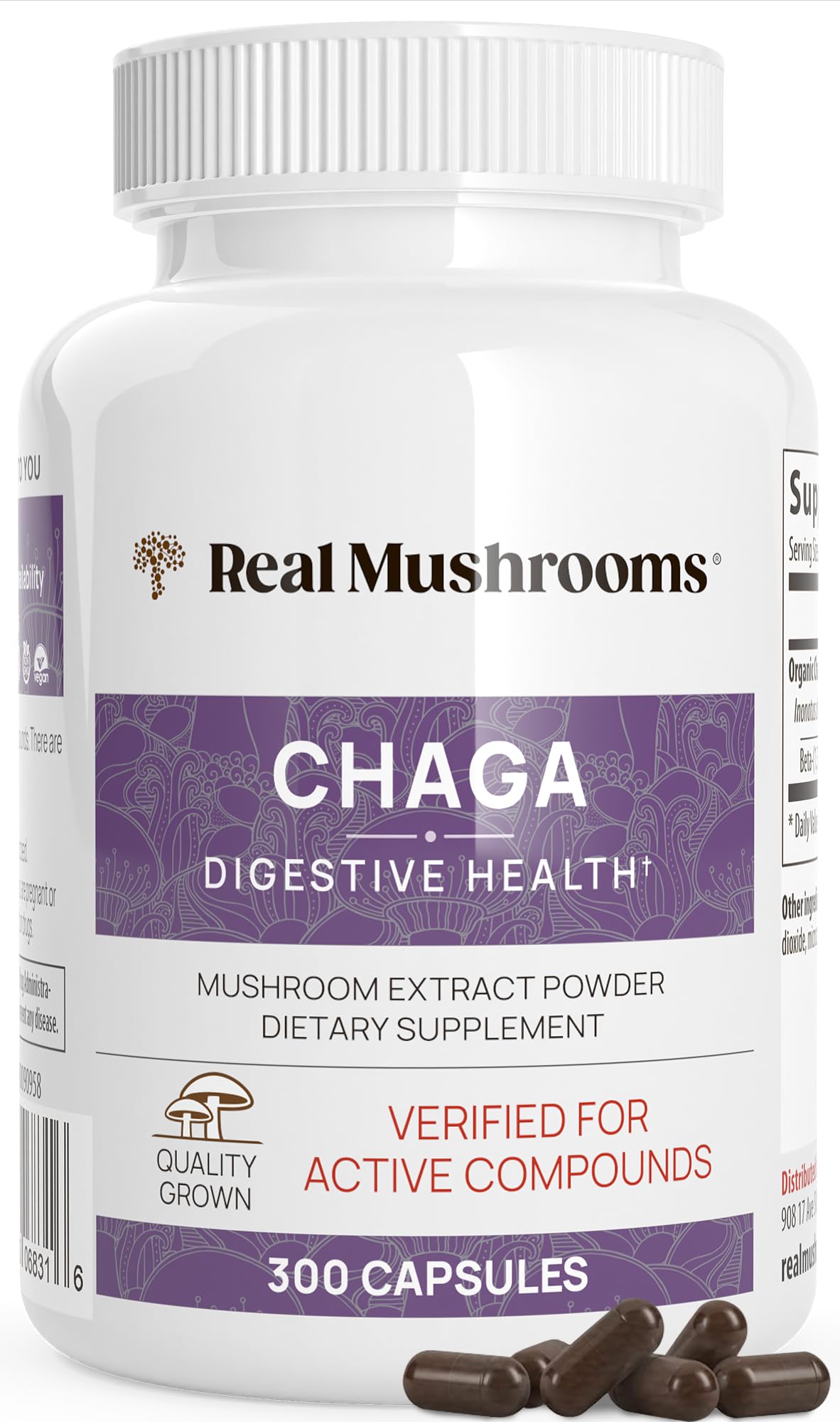 Real Mushrooms Chaga Capsules – Organic Chaga Extract, Vegan & Non-GMO, 300 Capsules