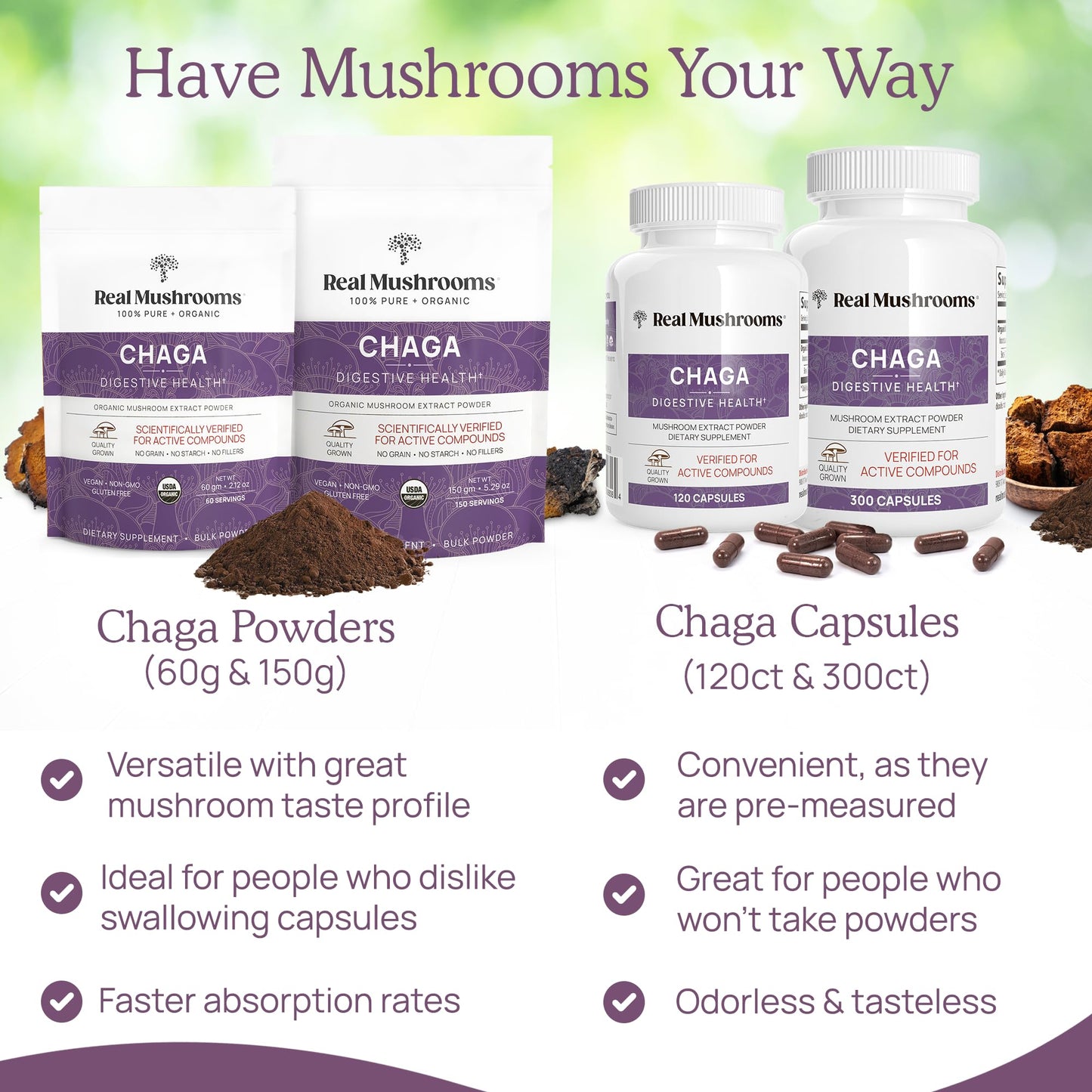 Real Mushrooms Chaga Capsules – Organic Chaga Extract, Vegan & Non-GMO, 300 Capsules