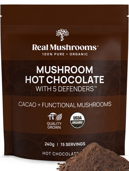 Real Mushrooms Organic Hot Chocolate Mix – 5 Defenders Cacao, Vegan, Gluten-Free