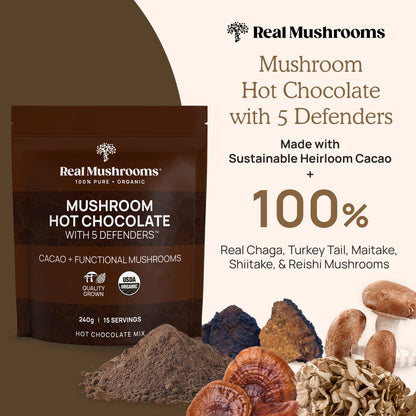 Real Mushrooms Organic Hot Chocolate Mix – 5 Defenders Cacao, Vegan, Gluten-Free