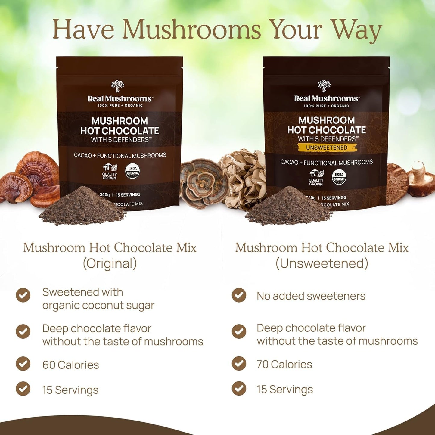Real Mushrooms Organic Hot Chocolate Mix – 5 Defenders Cacao, Vegan, Gluten-Free