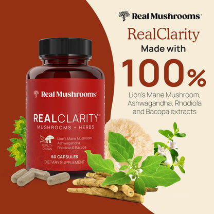 Real Mushrooms RealClarity Capsules – Lion’s Mane, KSM-66 Ashwagandha, Cordyceps & Reishi | Mental Sharpness & Adaptogenic Support | 60 Count – Vegan, Non-GMO