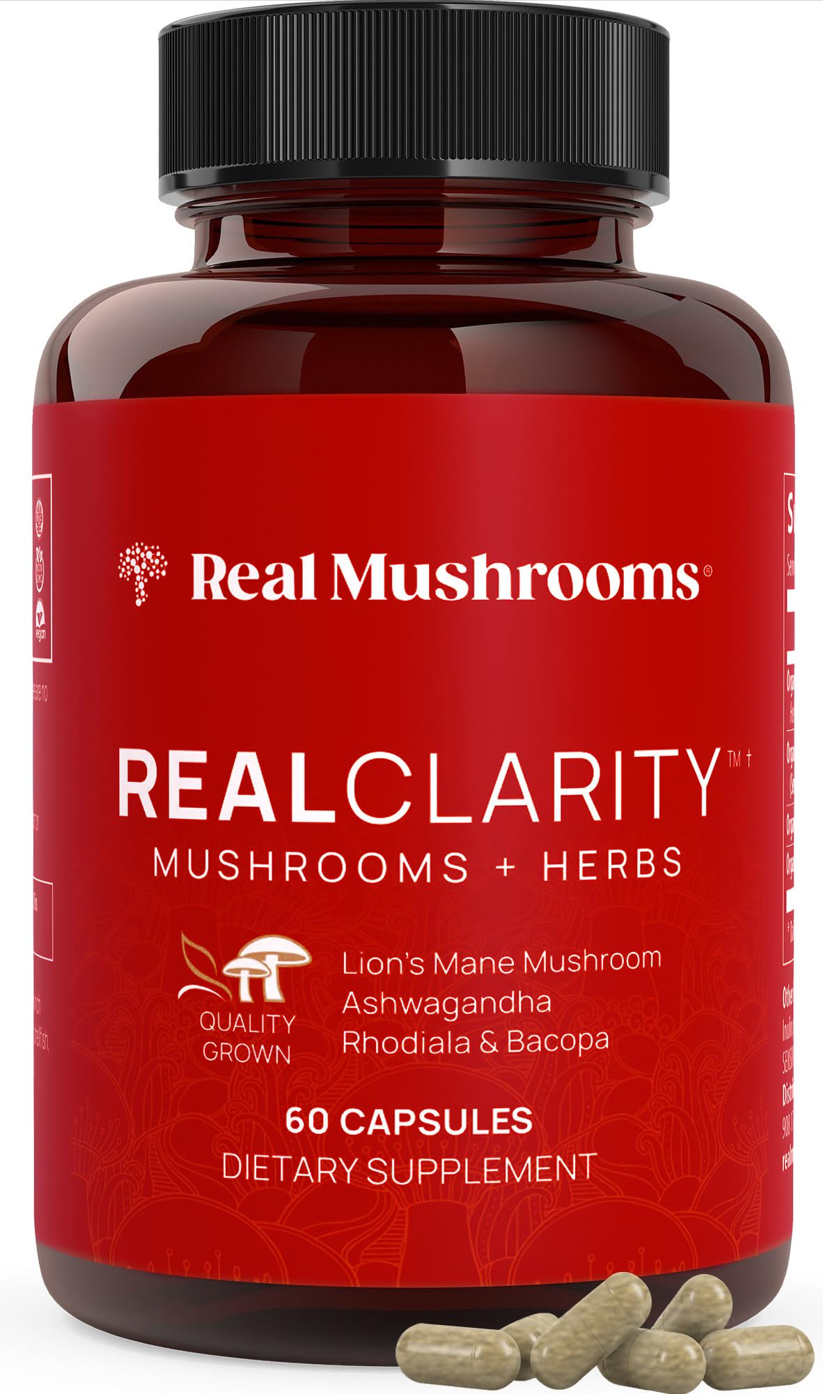 Real Mushrooms RealClarity Capsules – Lion’s Mane, KSM-66 Ashwagandha, Cordyceps & Reishi | Mental Sharpness & Adaptogenic Support | 60 Count – Vegan, Non-GMO