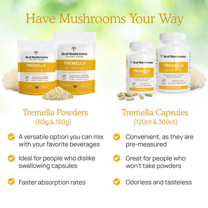 Real Mushrooms Tremella Mushroom Extract 120 Count - Vegan, Organic, Non-GMO
