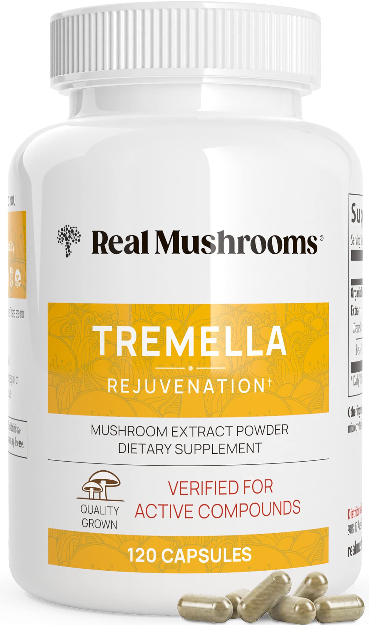 Real Mushrooms Tremella Mushroom Extract 120 Count - Vegan, Organic, Non-GMO
