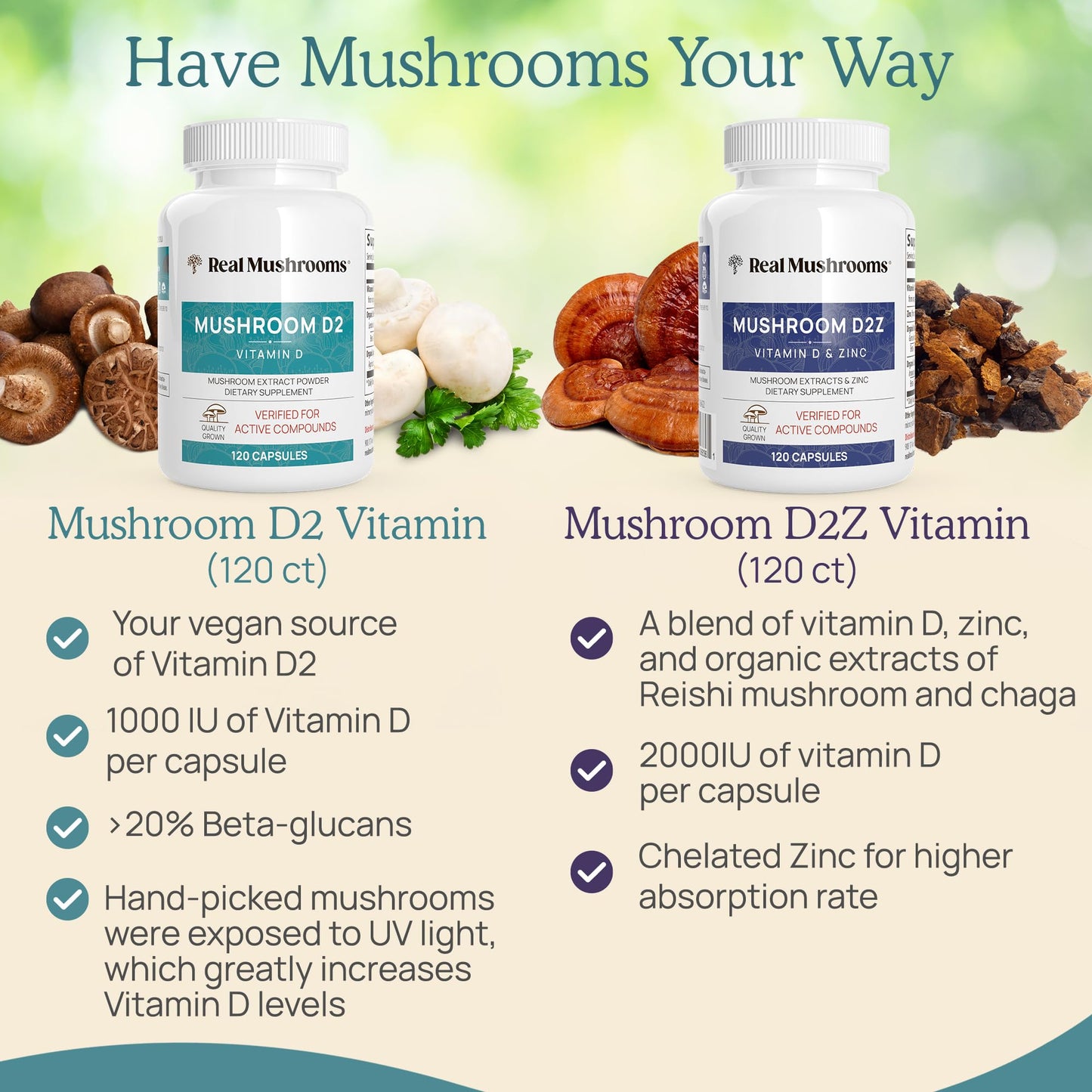 Real Mushrooms Vitamin D2 from Shiitake & Agaricus – 1000 IU, Vegan, Organic