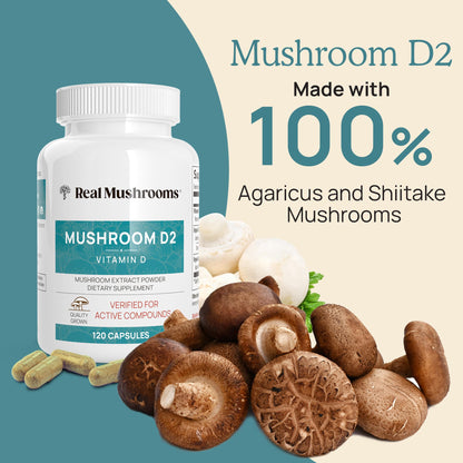 Real Mushrooms Vitamin D2 from Shiitake & Agaricus – 1000 IU, Vegan, Organic