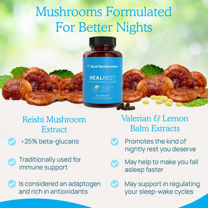 RealRest Capsules – Organic Reishi + Lemon Balm | Real Mushrooms (60 Count)