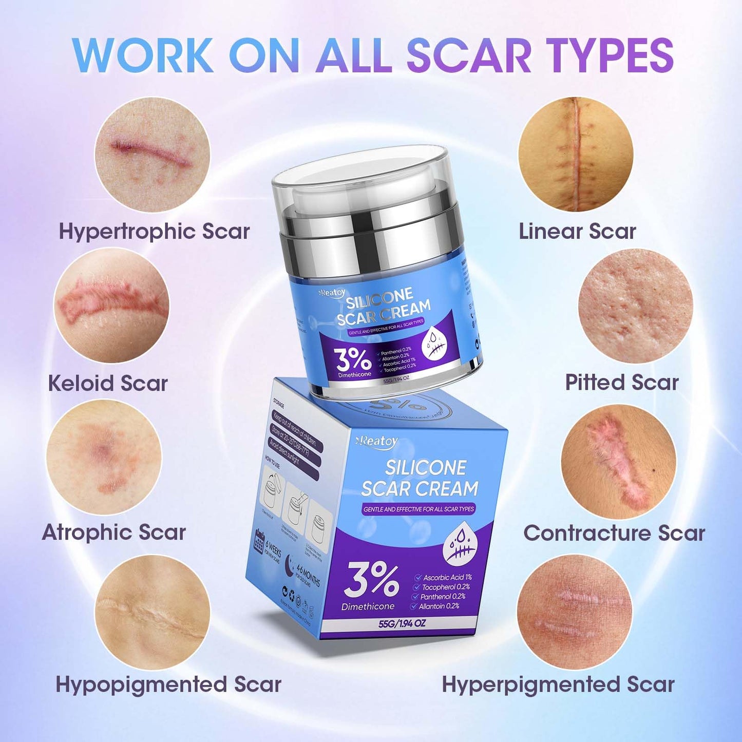 Reatoy Silicone Scar Cream 3% Dimethicone – 55ml for Surgical, C-Section, Acne Scars