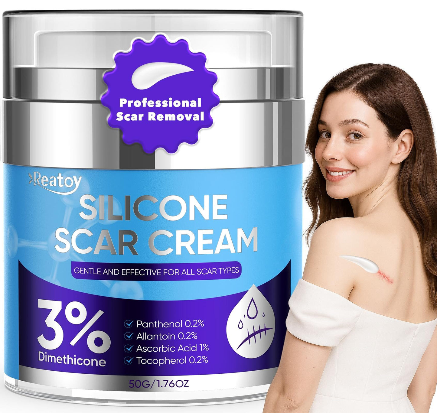 Reatoy Silicone Scar Cream 3% Dimethicone – 55ml for Surgical, C-Section, Acne Scars