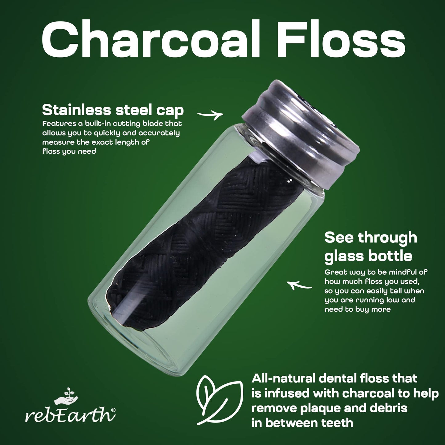 rebEarth Charcoal Bamboo Floss Pack of 4 – Mint, Glass Container