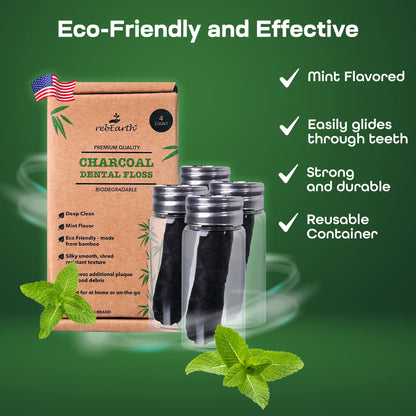 rebEarth Charcoal Bamboo Floss Pack of 4 – Mint, Glass Container