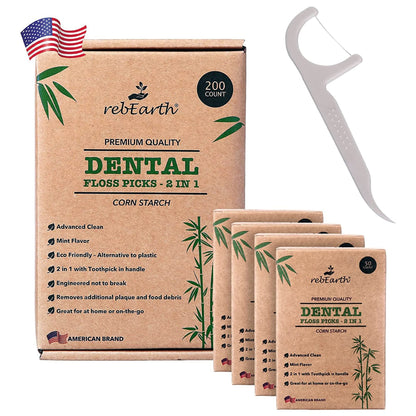 rebEarth Mint Flavored Dental Floss Picks – 200 Count, 2-in-1 Plant-Based