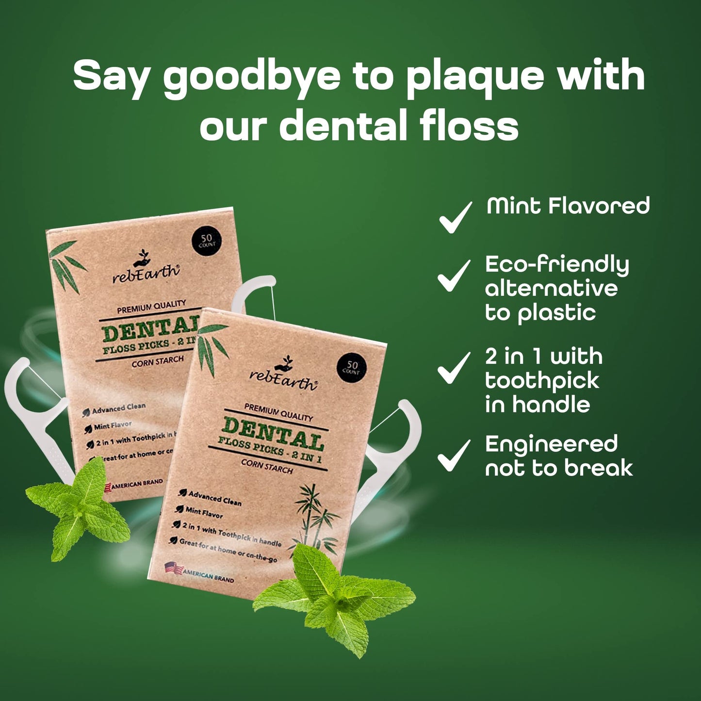 rebEarth Mint Flavored Dental Floss Picks – 200 Count, 2-in-1 Plant-Based