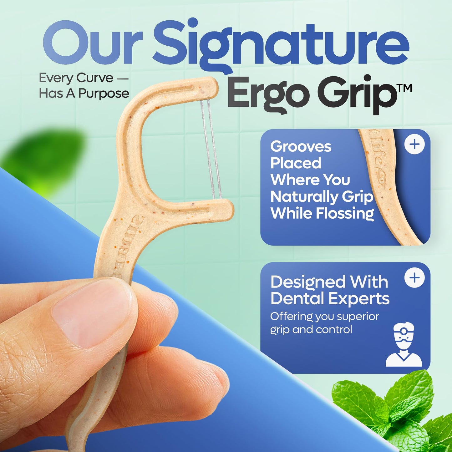 SmartLifeco Eco-Friendly Dual-Thread Dental Floss Picks (200ct) - Straw-Wheat Blend, Mint