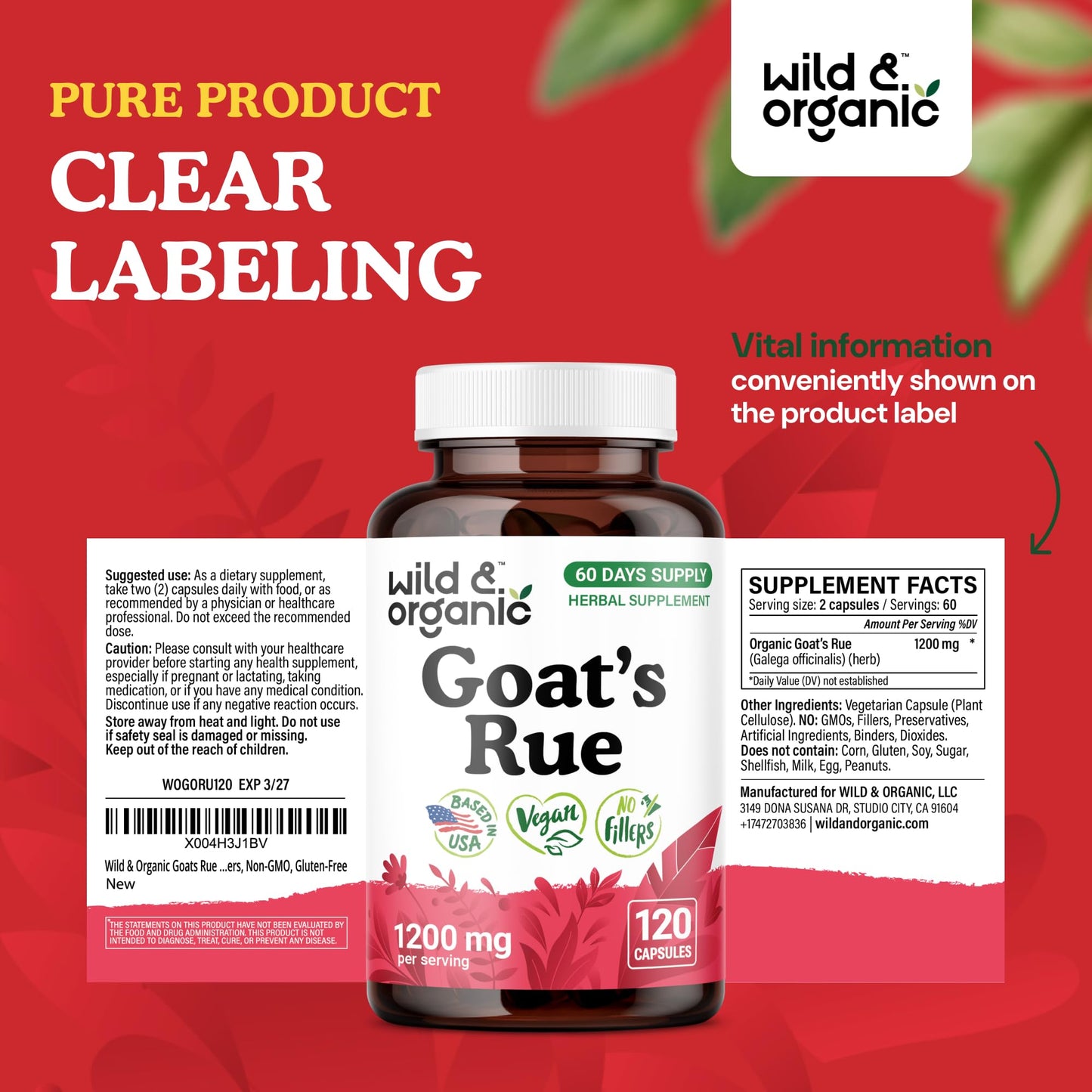 Wild & Organic Goats Rue Capsules 1200 mg | Lactation Support