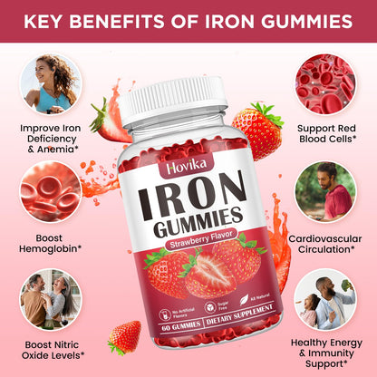 Iron Gummies for Women & Men – Sugar Free Strawberry, 60 Gummies | Iron Bisglycinate with Vitamin C, B12 & Folate